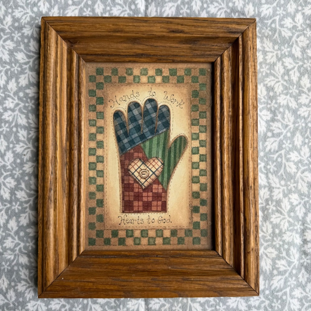 Folk Art Print Oak Wood Frame Patchwork L Spivey Hands to Work Hearts to God